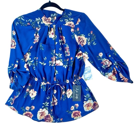 J for Justify Floral Blouse L NWT Navy Peach Gold Zip Front Cinched Waist - Picture 1 of 8